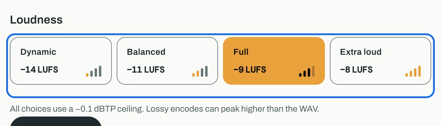The four loudness choices, Dynamic, Balanced, Full and Extra loud, ringed, with Full selected.