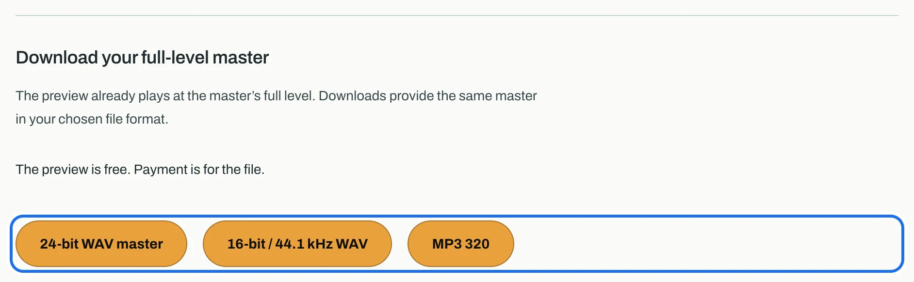 Download your full-level master, with the three format buttons ringed: 24-bit WAV master, 16-bit / 44.1 kHz WAV and MP3 320.