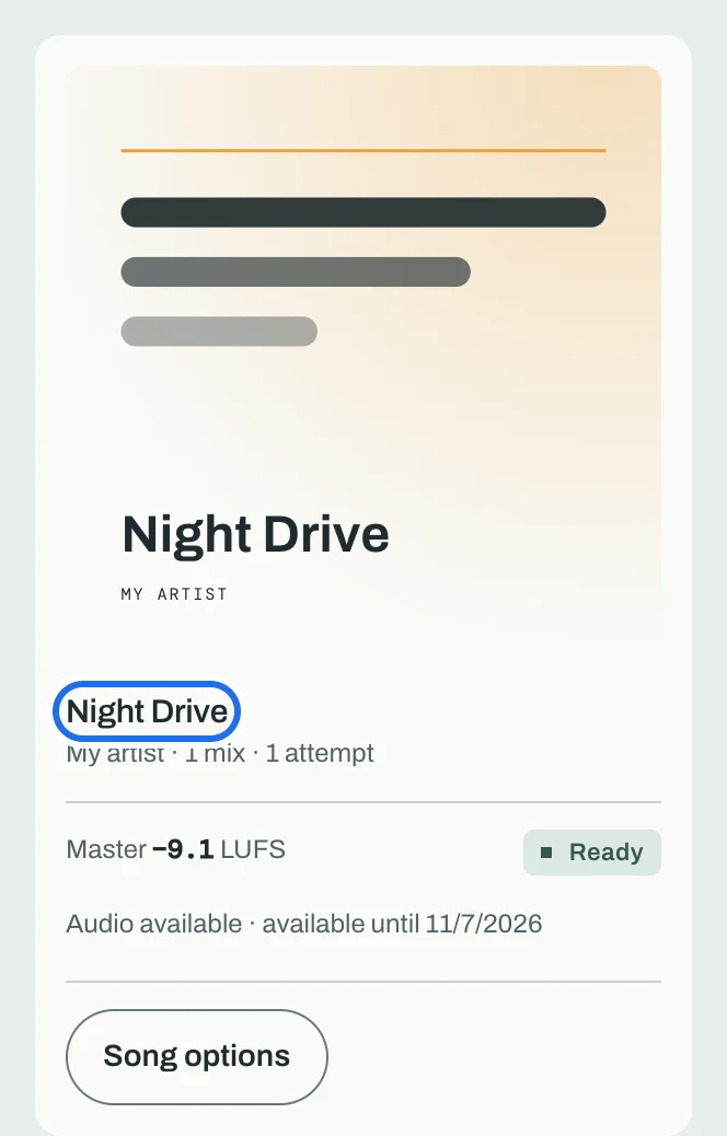 A song card in Songs and masters: Night Drive, its master at minus 9.1 LUFS, Ready. The song's name is ringed.
